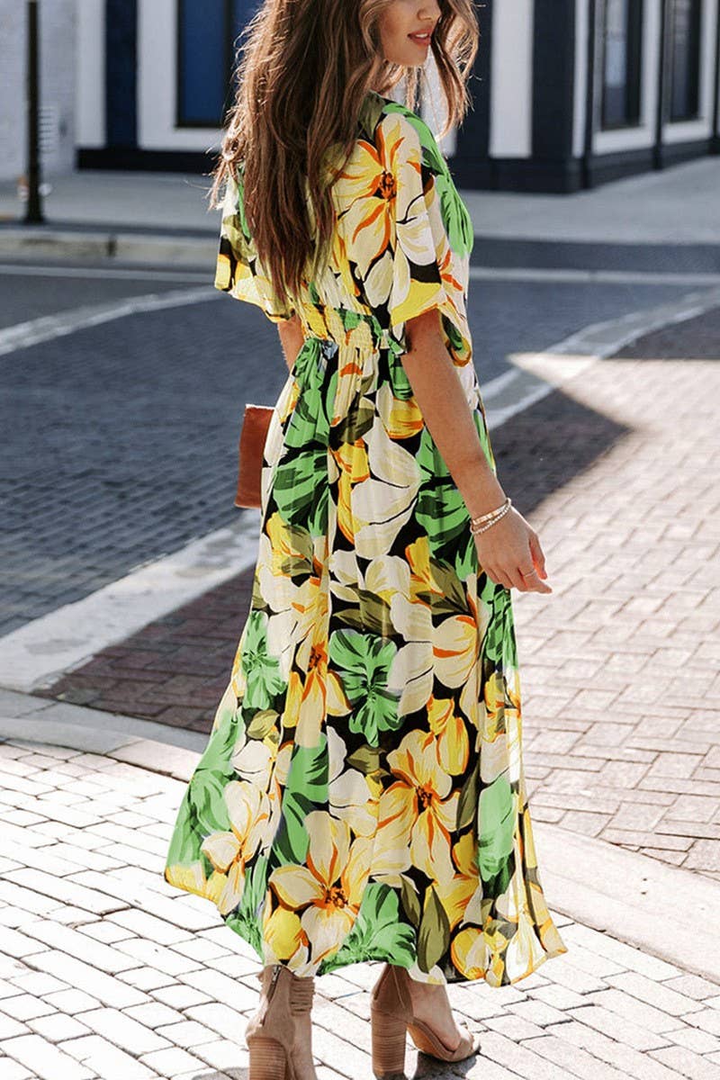 CWDMD1606_DEEP V-NECK BAT SLEEVE PRINTED MAXI DRESS