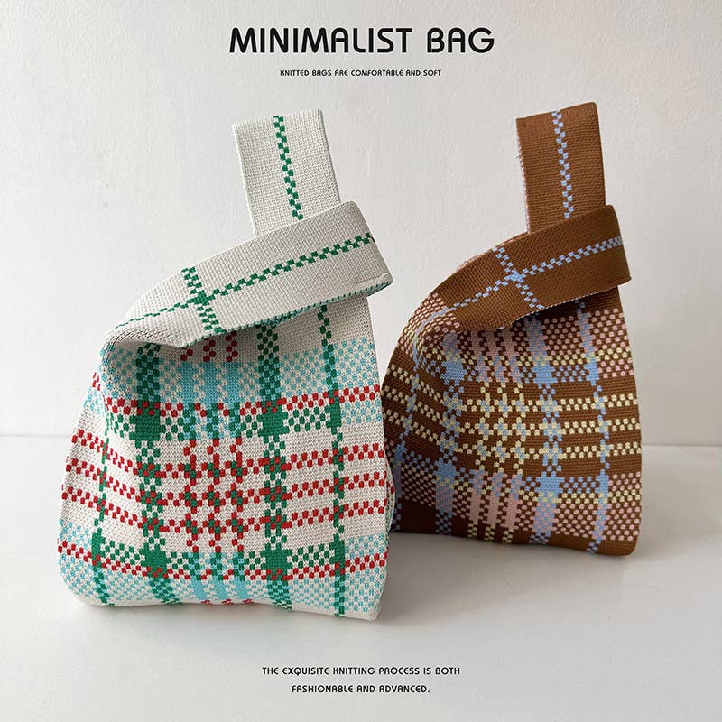 Colorful checkered knitted single-shoulder bag
