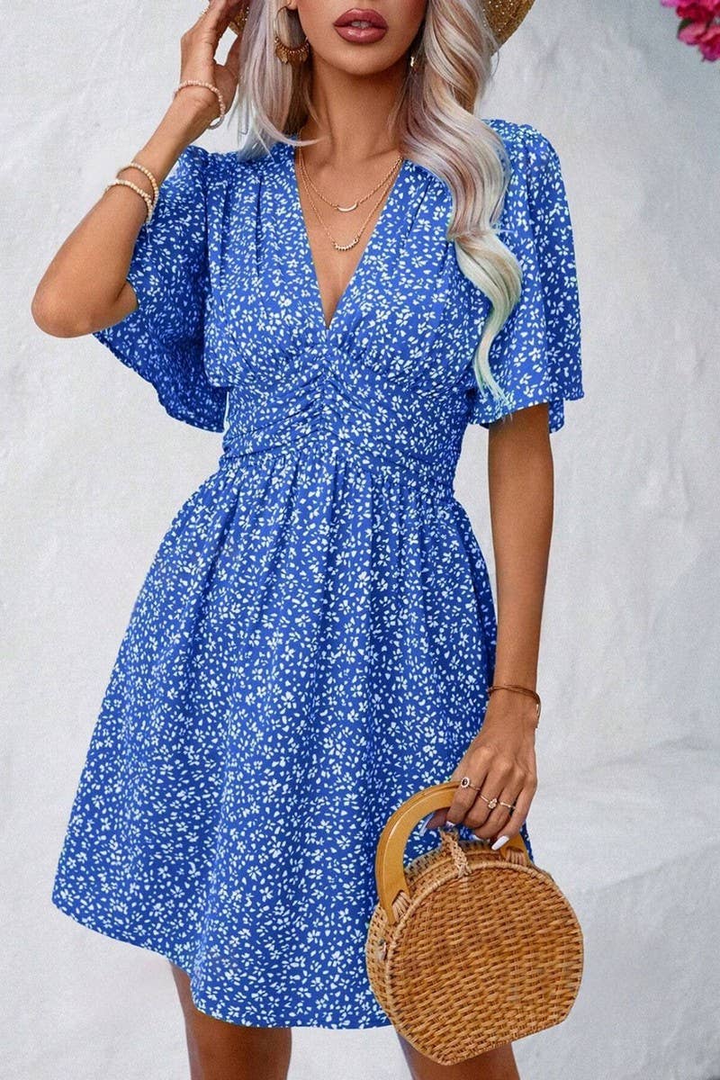 CWDSD8398_DEEP V RUFFLE SLEEVE FLORAL RUCHED VACATION DRESS