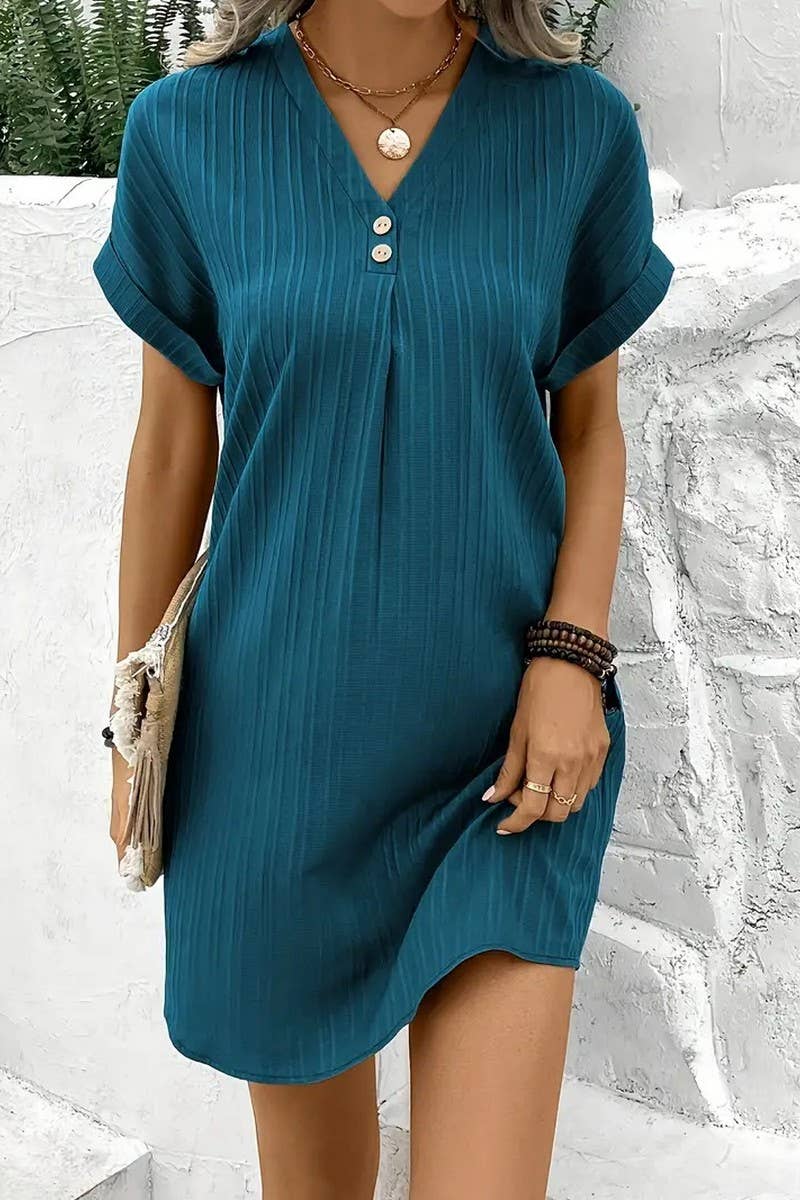 CWDSD6539_V-NECK SOLID COLOR PULLOVER CASUAL BUTTON DRESS