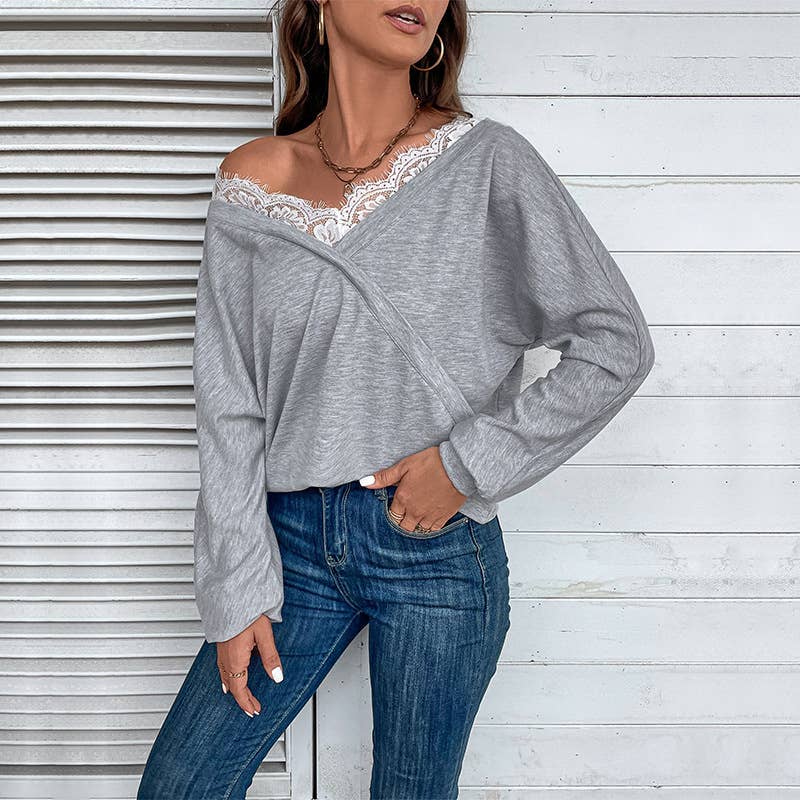 V-neck lace patchwork fashionable pullover shirt