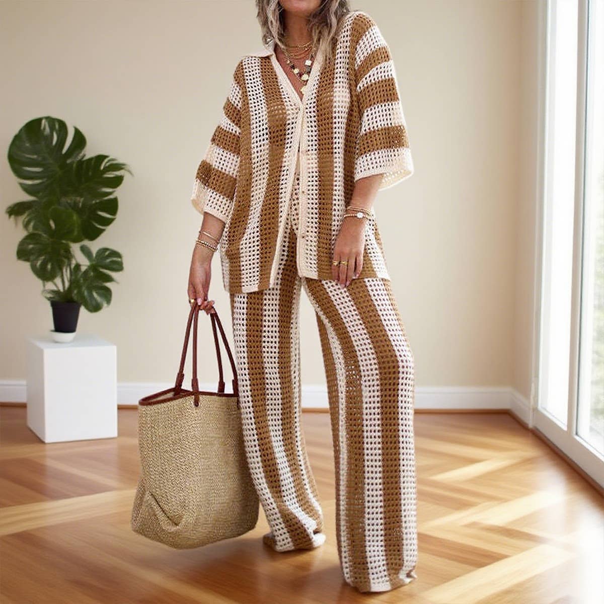 V-neck striped shirt,wide-leg pants,knitted suit