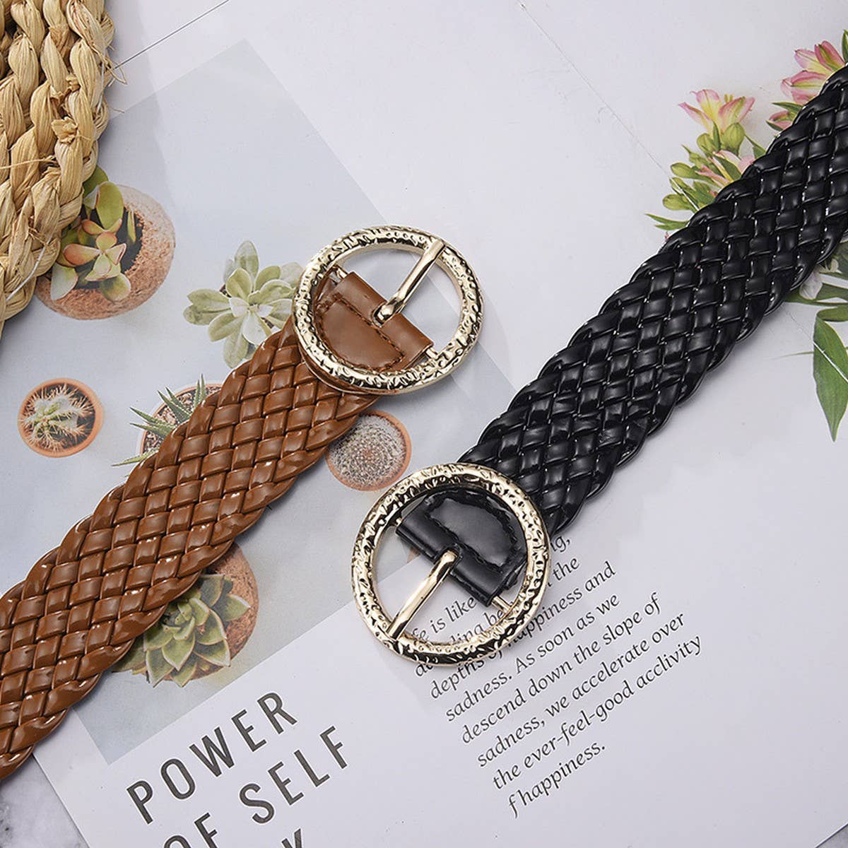 METAL ROUND BUCKLE PATENT LEATHER BRAIDED WIDE BELT