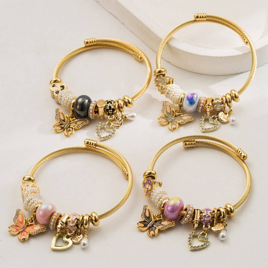 Elegant Butterfly & Heart Pendant Steel Bracelet