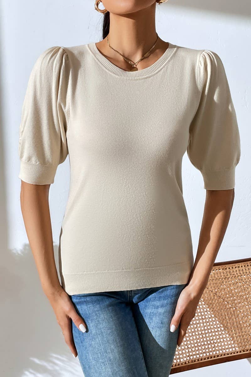 Cwtts0731_Crew Neck Puff Short Slv Soft Pullover Sweater