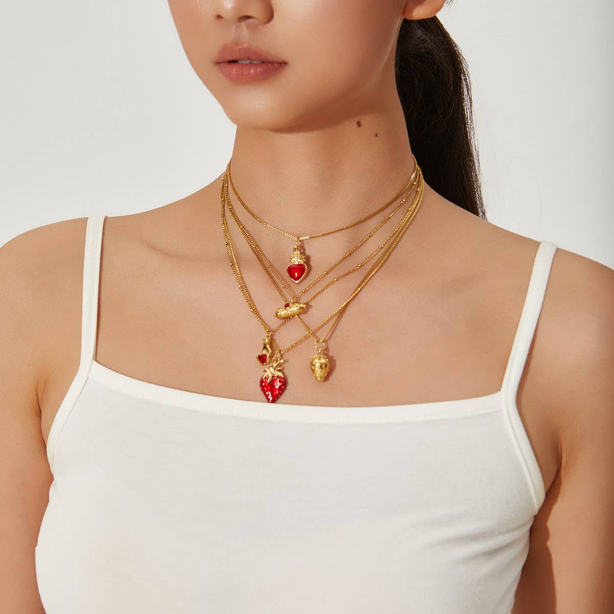 Enamel Heart Necklace with Strawberry Charm