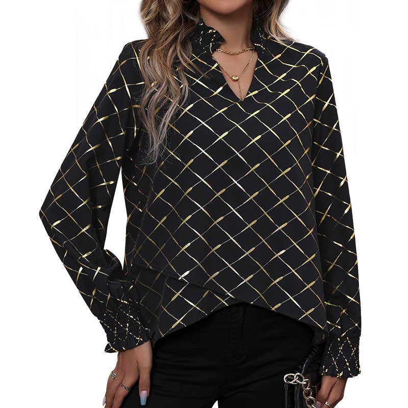 STAND COLLAR V-NECK GOLD STRIPED PULLOVER SHIRT
