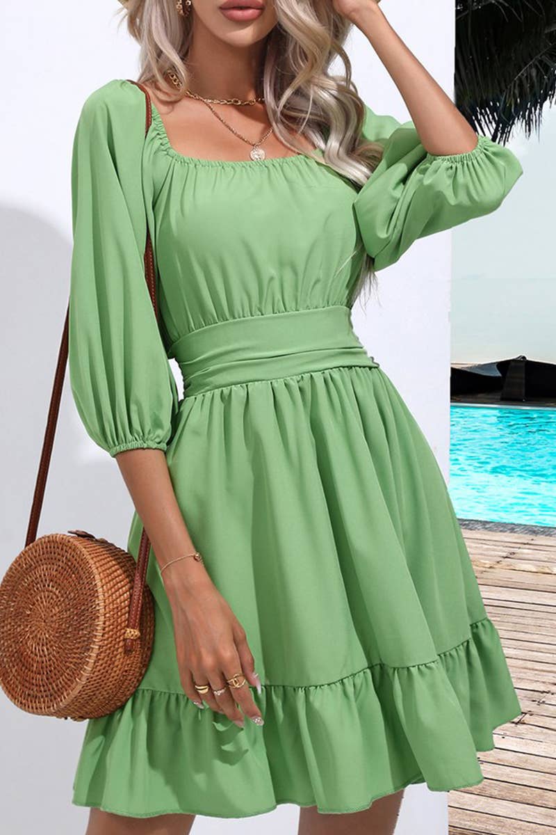 CWDSD7390_SUMMER RUFFLED SQUARE NECK TIE SHORT DRESS