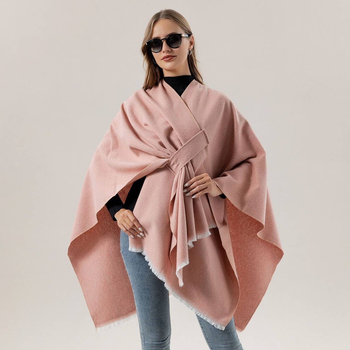 SHAWL KNITTED SOLID COLOR OBLIQUE STRAP CAPE