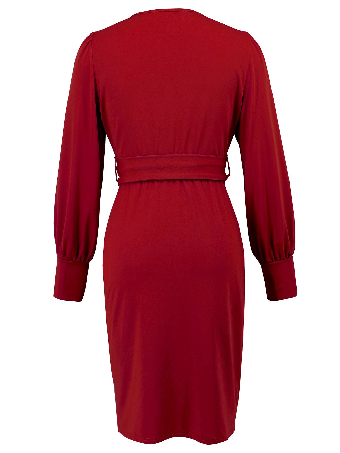V-neck long-sleeved, belt-hugging knitted dress