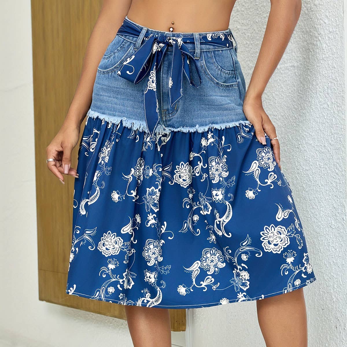 Lace-up denim patchwork chiffon skirt