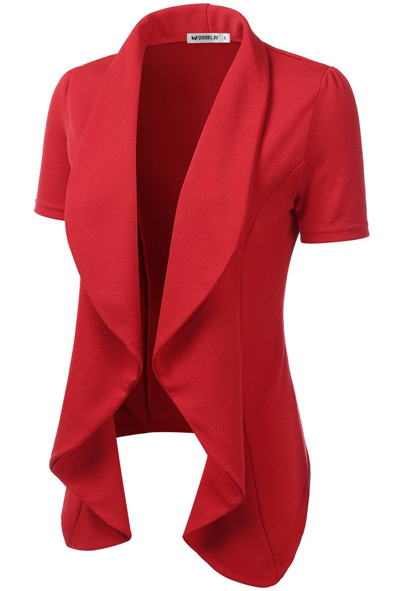 CWOBL095-P_Short Sleeve Open Front Draped Ruffles Blouses