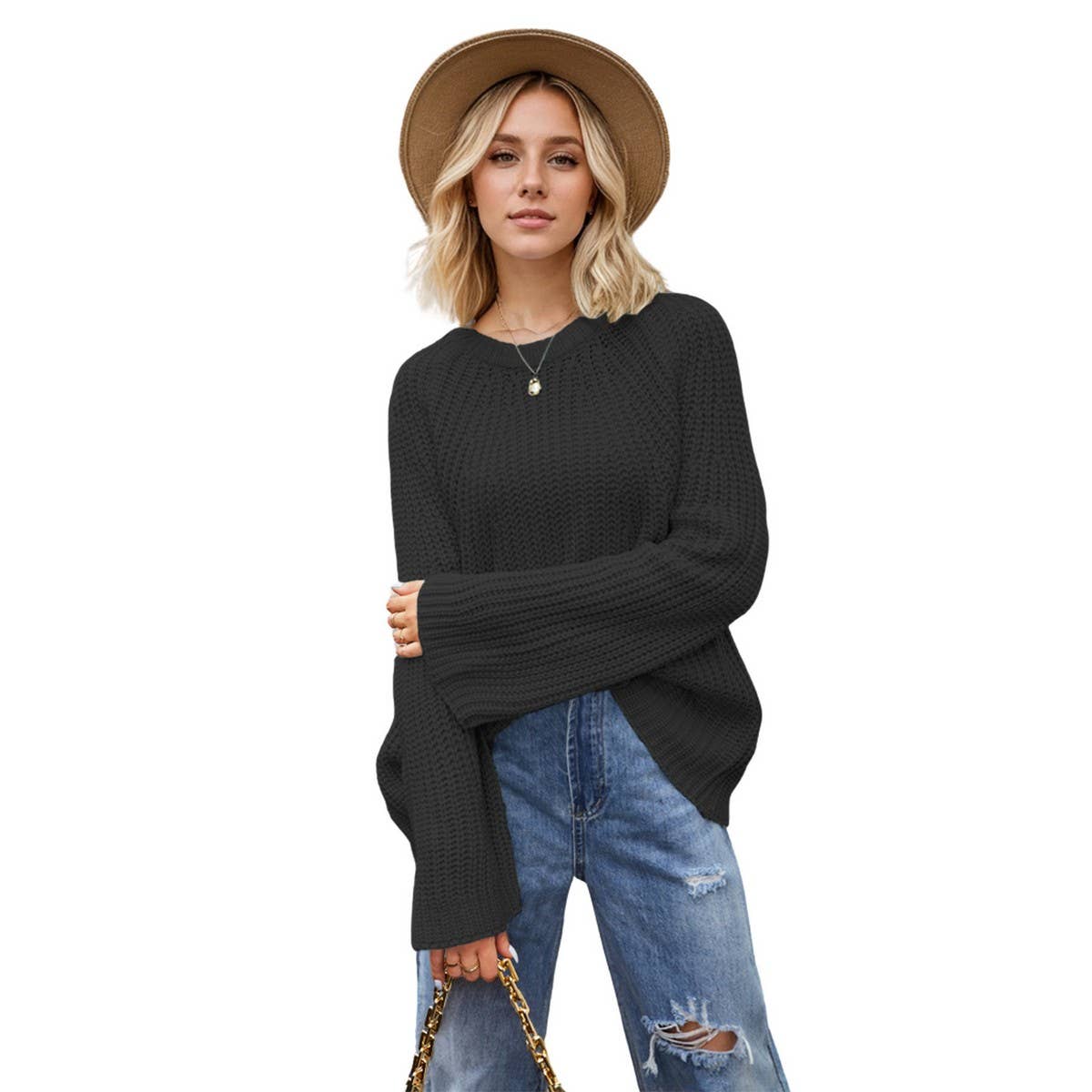 Flared cuff jumper loose knit hollow-out sweater