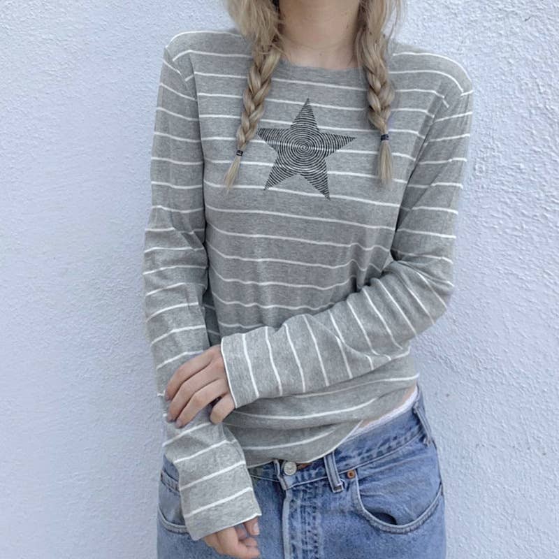 FIVE-POINTED STRIPED PULL-OVER CREW-NECK TOP