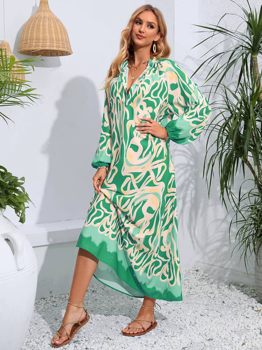 PULLOVER V-NECK PRINT LONG DRESS WITH BIG SWING