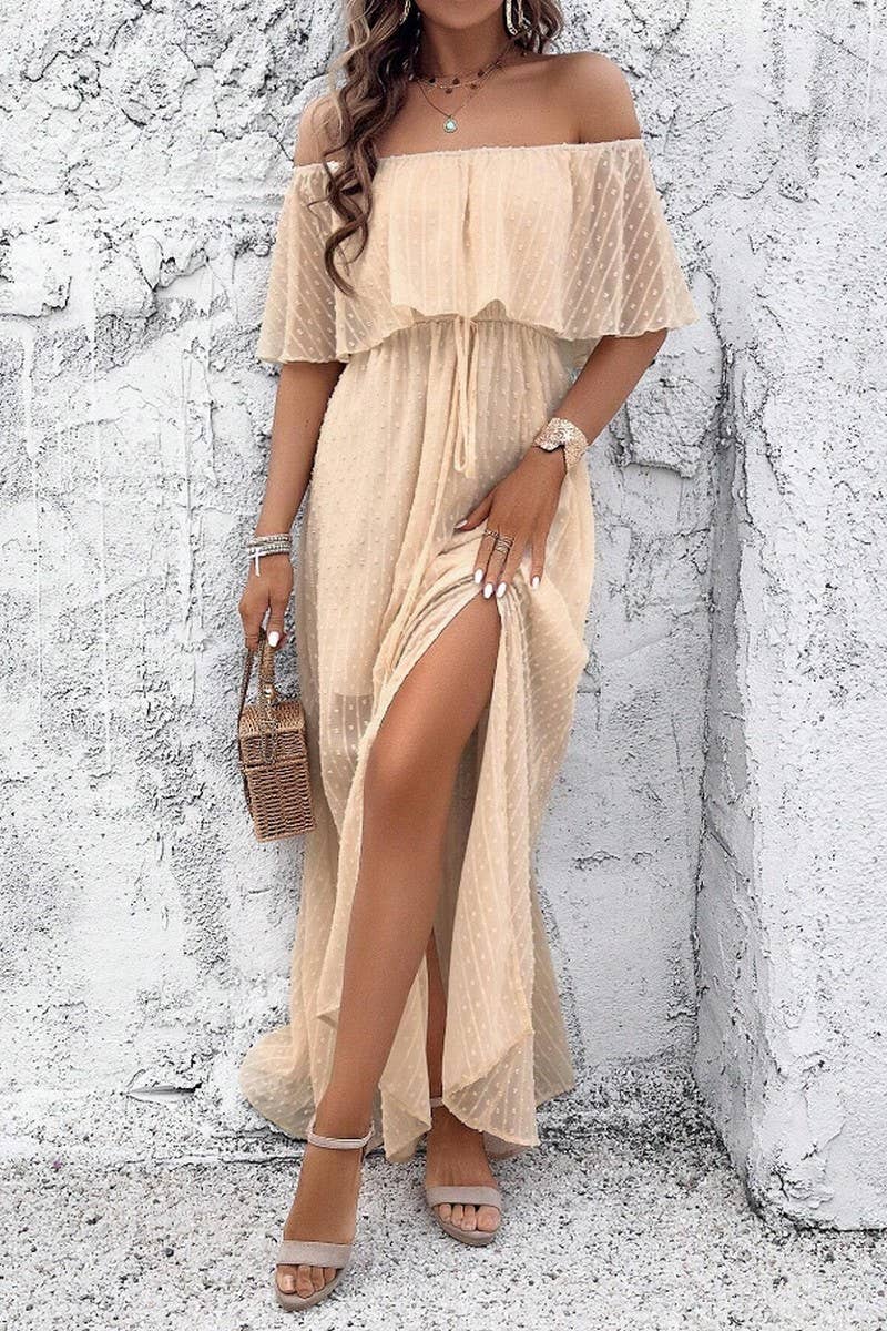 CWDMD5706_SEXY ONE-SHOULDER SOLID COLOR SHORT-SLEEVED DRESS