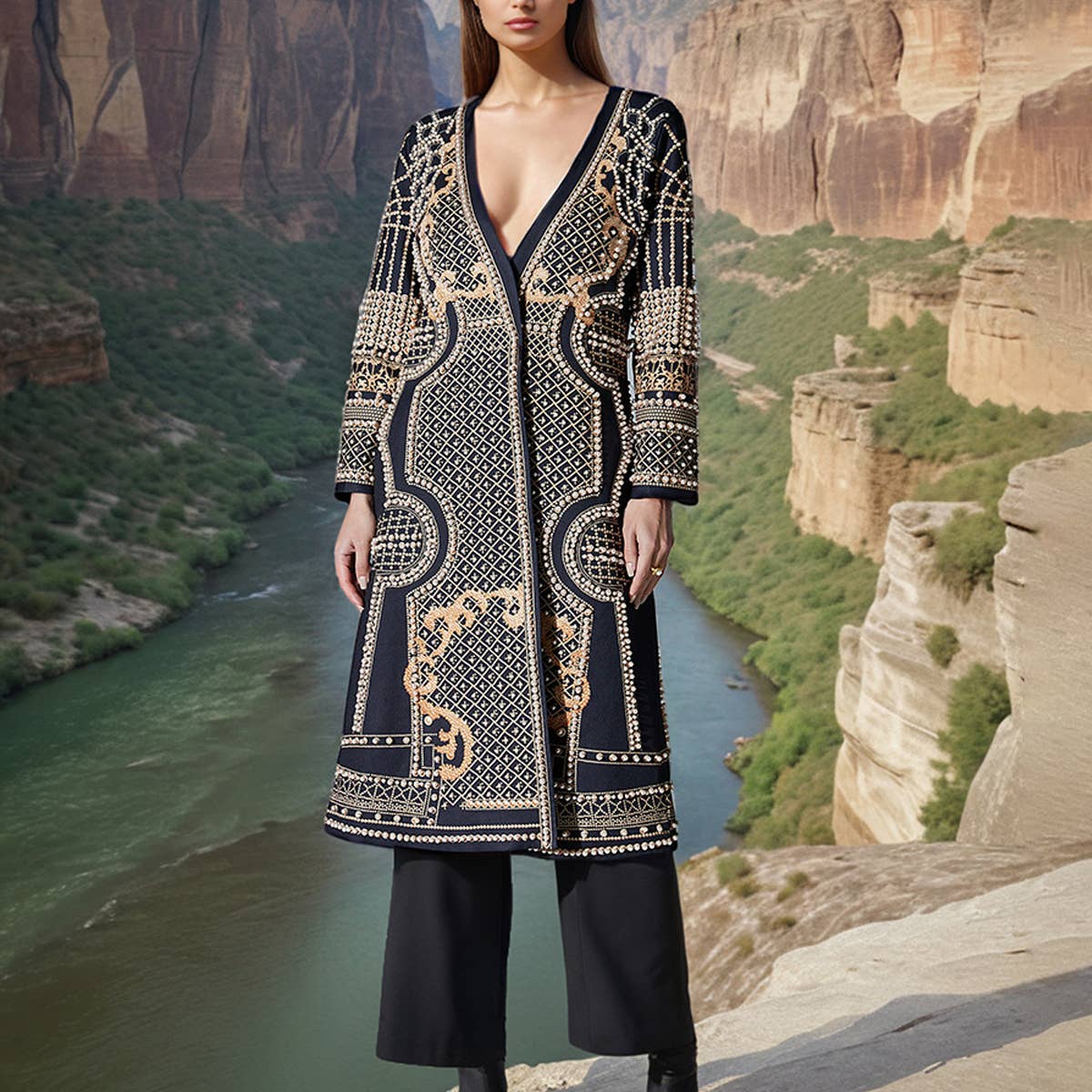 Elegant Loose Fit V-Neck Printed Long Trench Coat