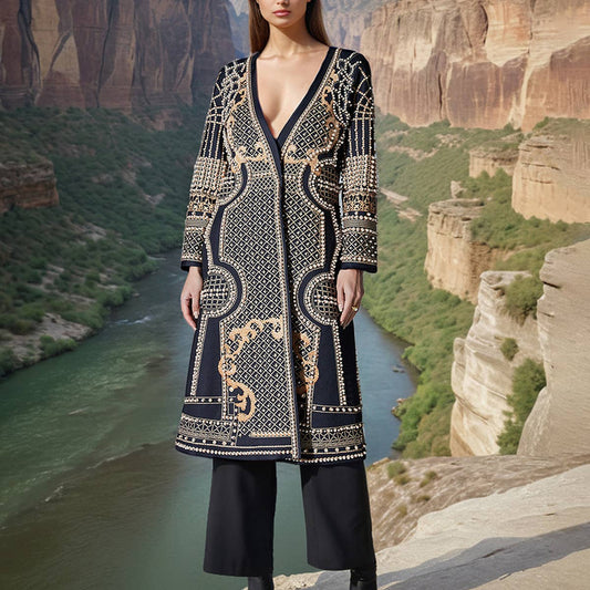 Elegant Loose Fit V-Neck Printed Long Trench Coat