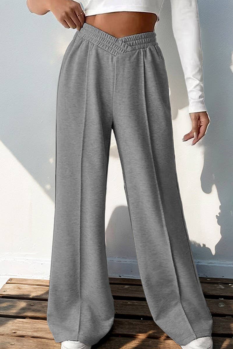 CWBLP1356_CASUAL ELASTIC V-NECK HIGH WAIST WIDE LEG PANTS