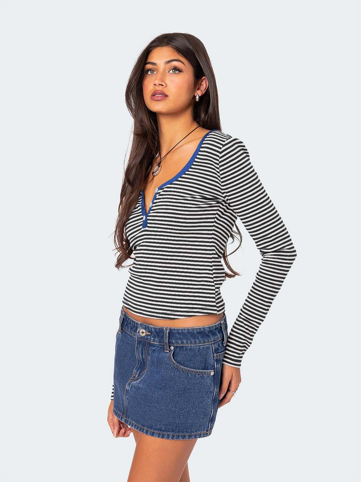 STRIPED COLOR CONTRAST KNIT BUTTON COTTON T-SHIRT