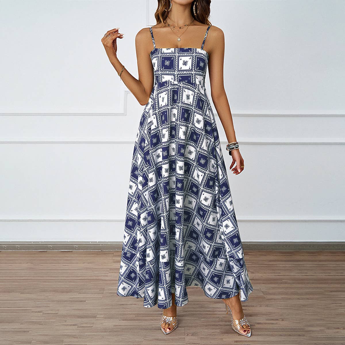 PRINTED HALTER HALTER HIGH-WAISTED A-LINE DRESS