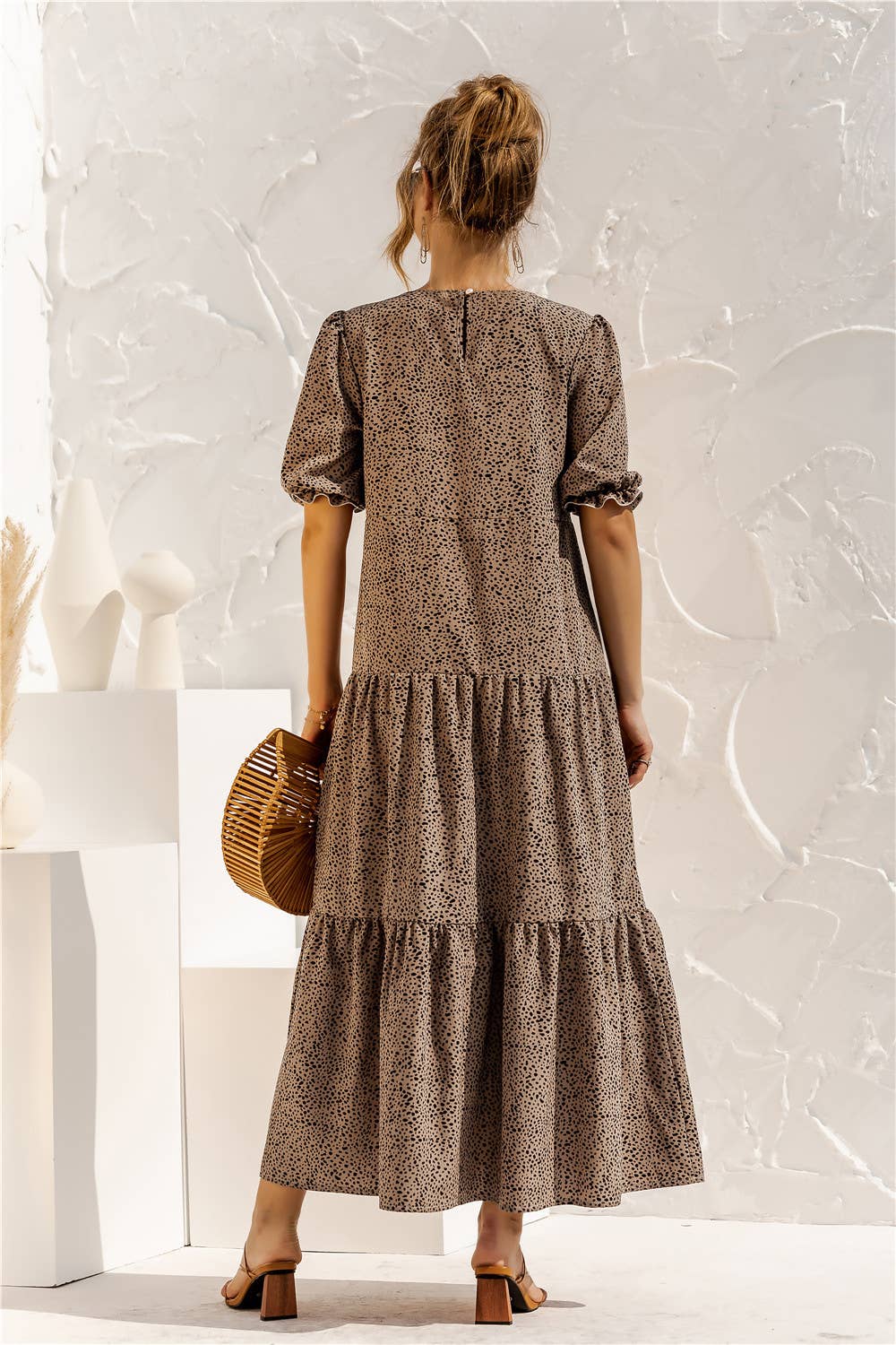 Puffed sleeve polka dot plaid patchwork dress