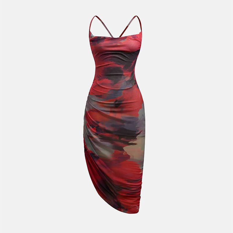 TIE-DYE DRAWSTRING SLIM MESH HALTER MIDI DRESS