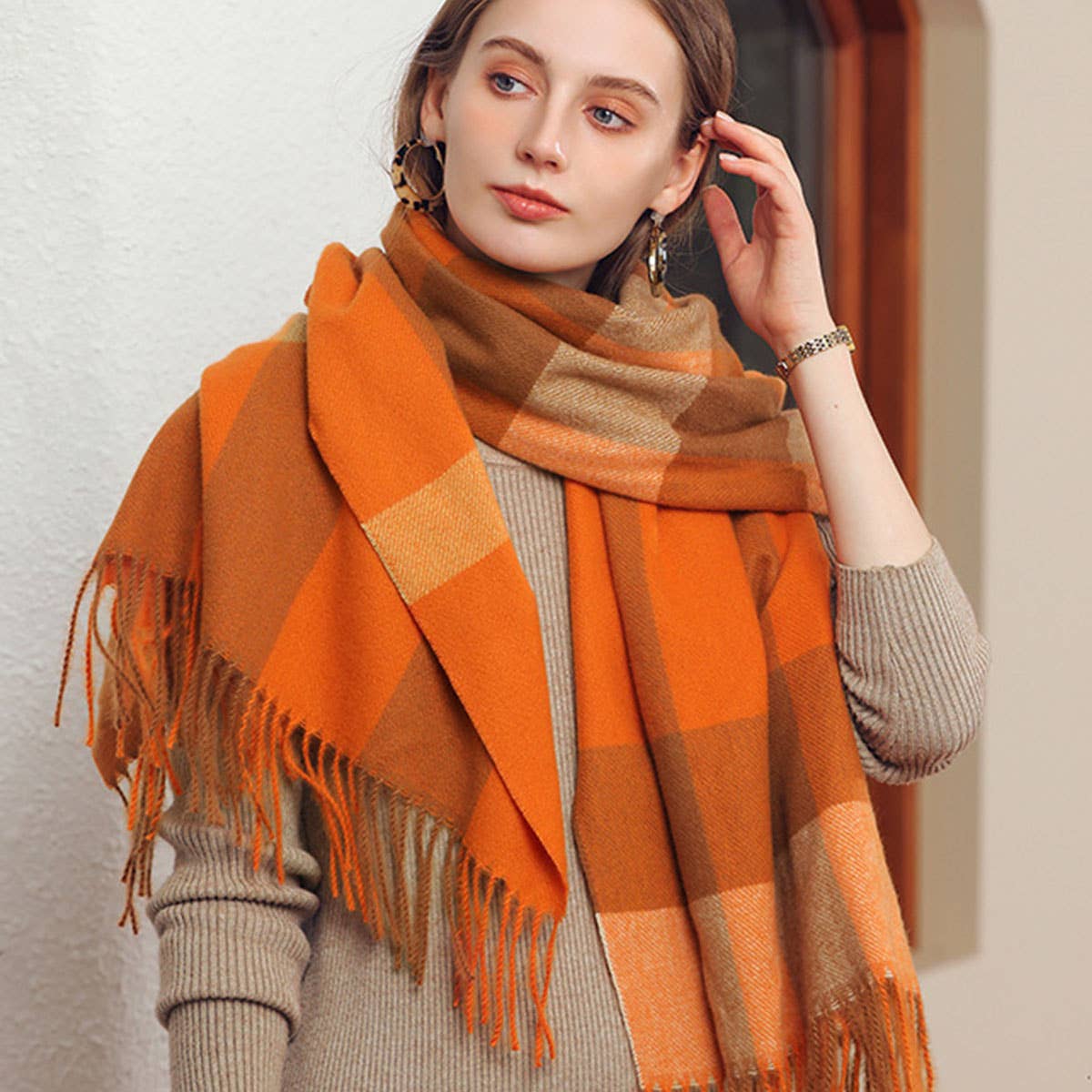 Plaid Faux Cashmere Scarf - Thick Warm Neck Wrap_CWASC0242