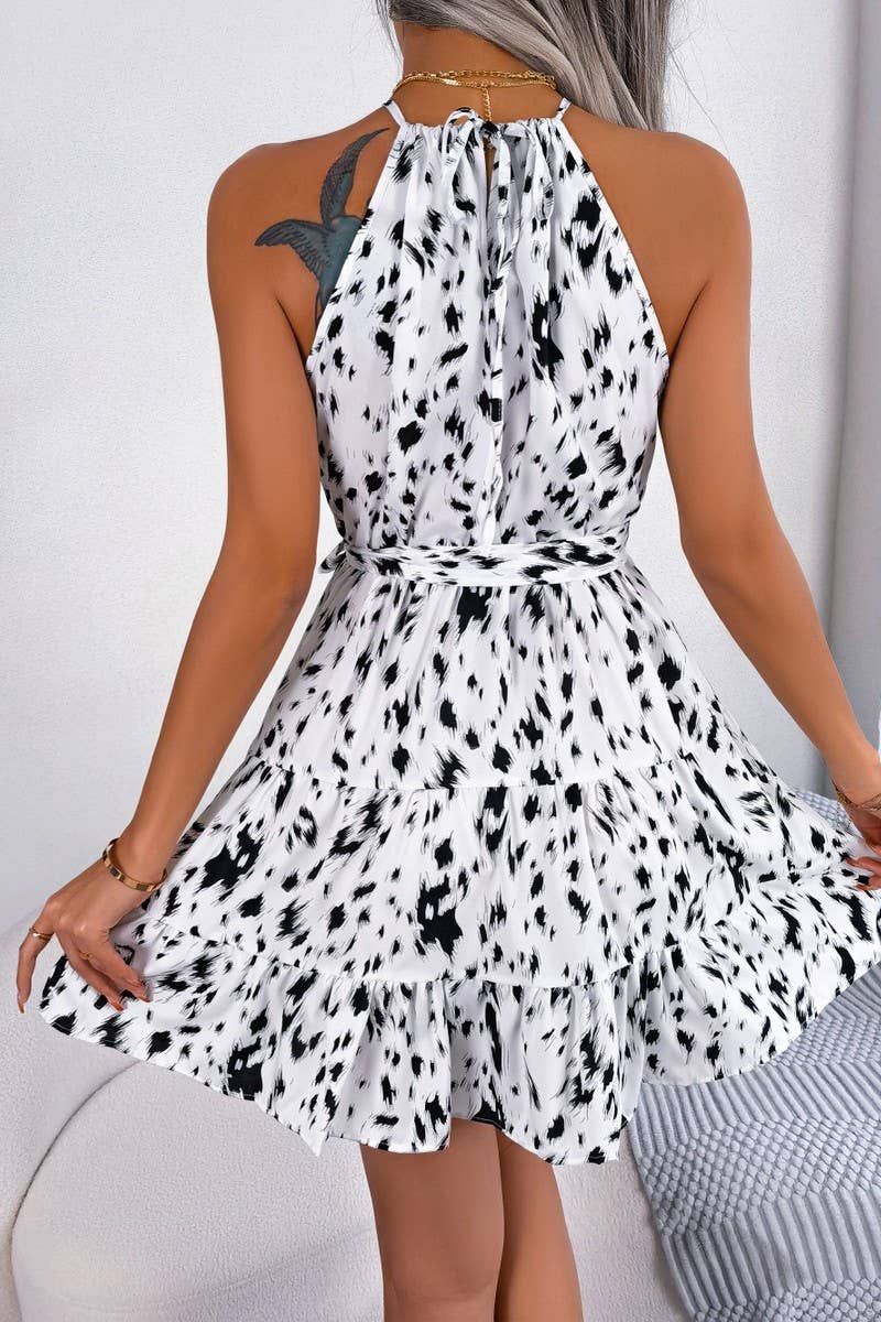 LEOPARD GRAIN FALBALA HANGING NECK DRESS_CWDSD2524