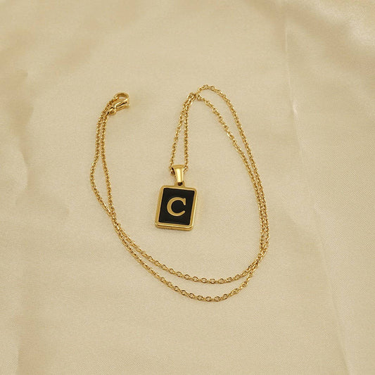 CWAJE1947_Personality Square Black Letter Necklace,Gold