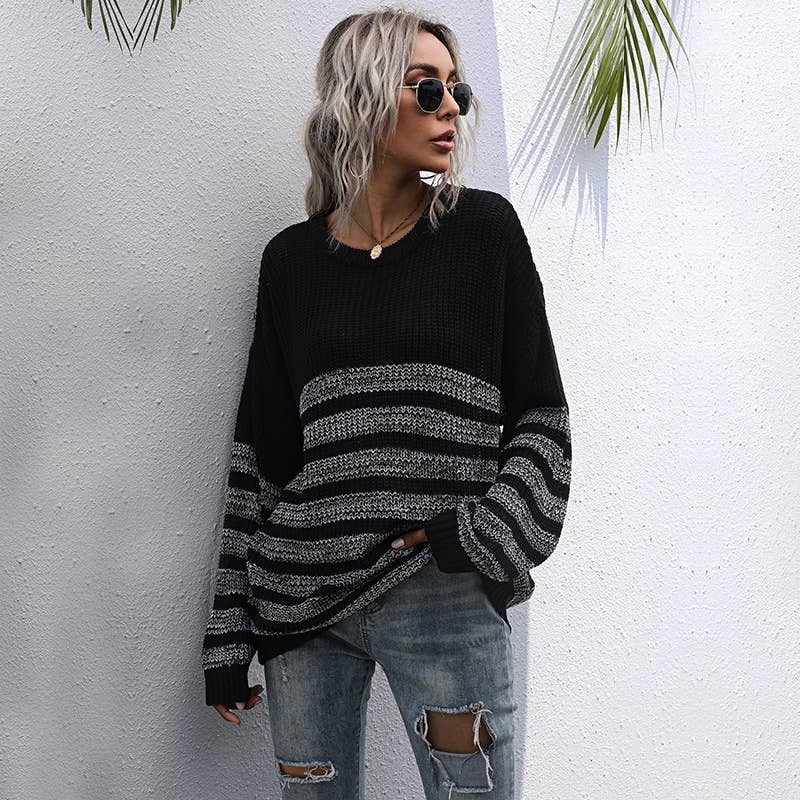 STRIPED CREW NECK LONG-SLEEVED SWEATER WITH BASE