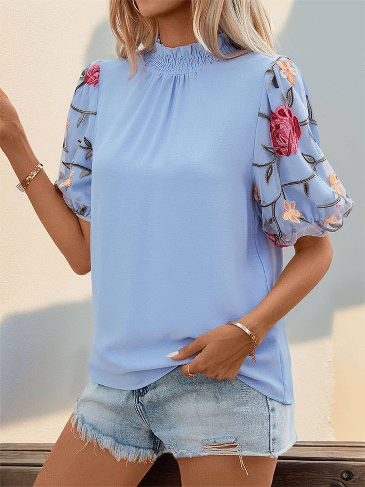 Embroidered Mesh Short Sleeve Shirt Stand Collar