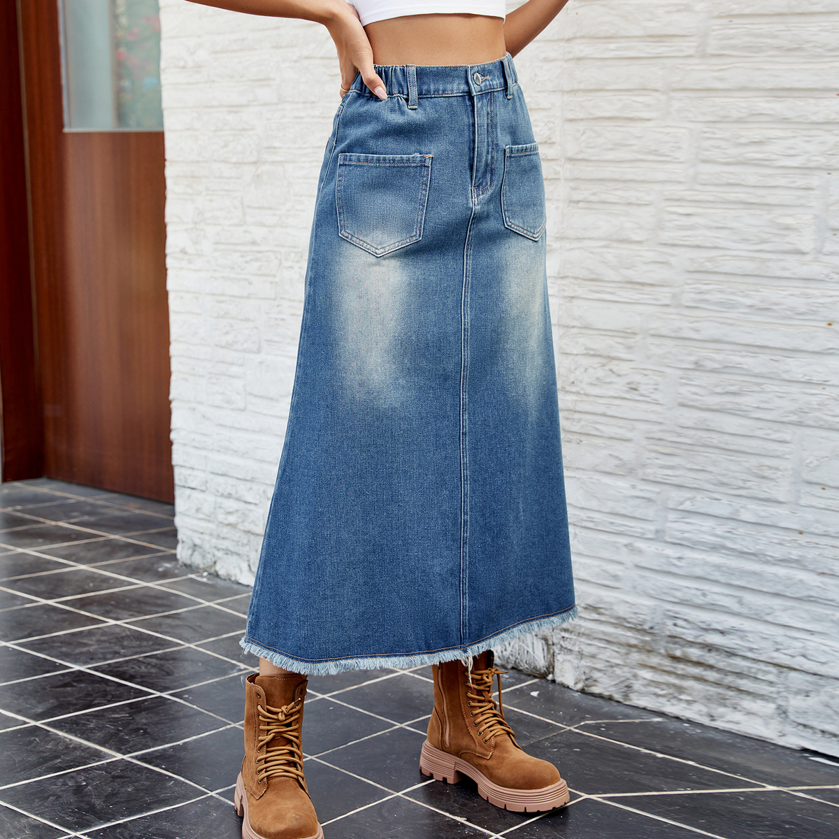 Women??¢s Washed Denim Midi Skirt with Raw Hem_CWJSK0199