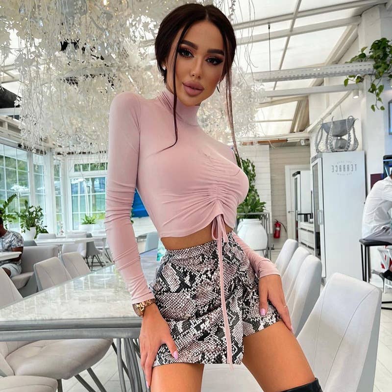 FASHION PLEATED MIDRIFF HALF-NECK T-SHIRT