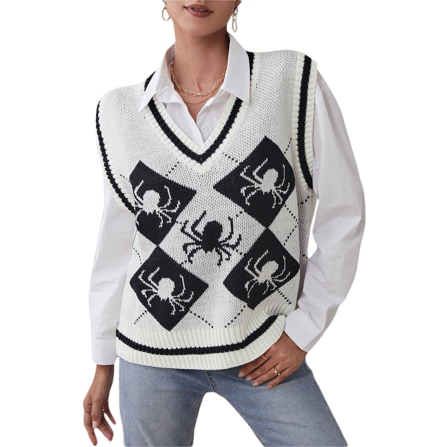 WORN WITH KNITTED HALLOWEEN V-NECK PULLOVER VEST