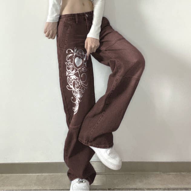 Fashion printed straight-through wide-leg jeans