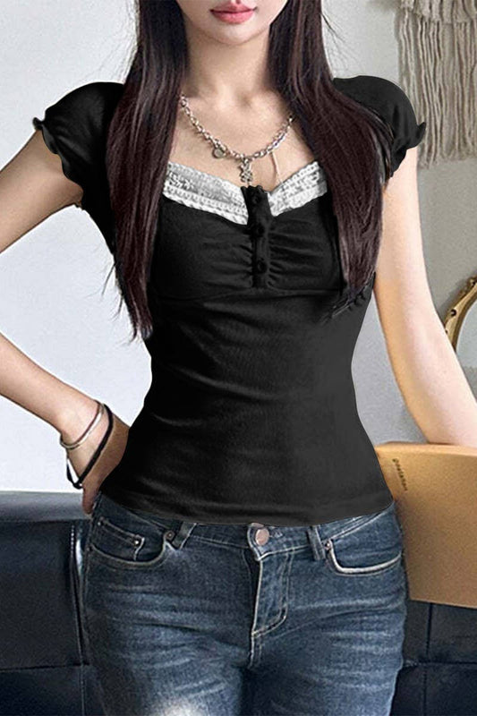 Cwtbls1598_Lace Panel Square Neck Knit Short Sleeve Top