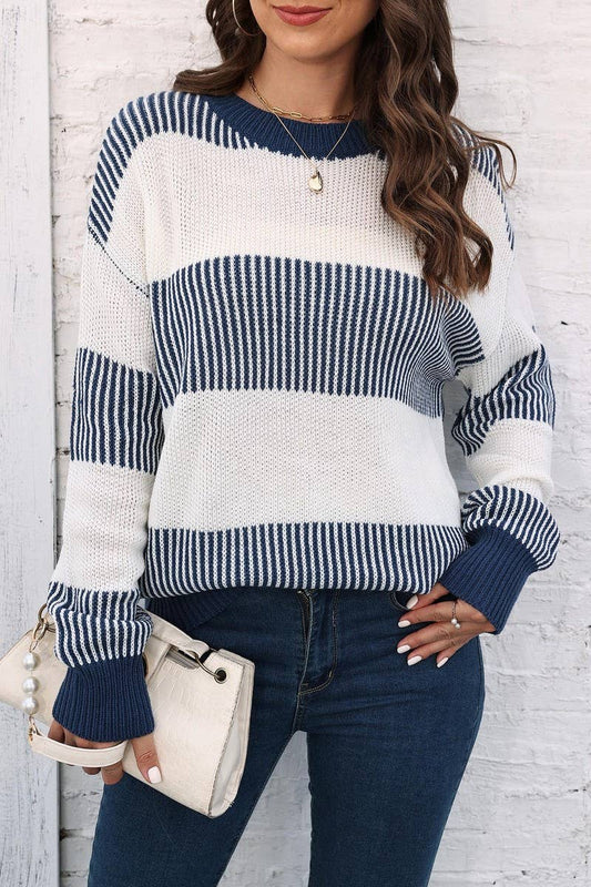 CWOSWL07341_WOMEN CASUAL COLOR BLOCK STRIPED KNIT SWEATER