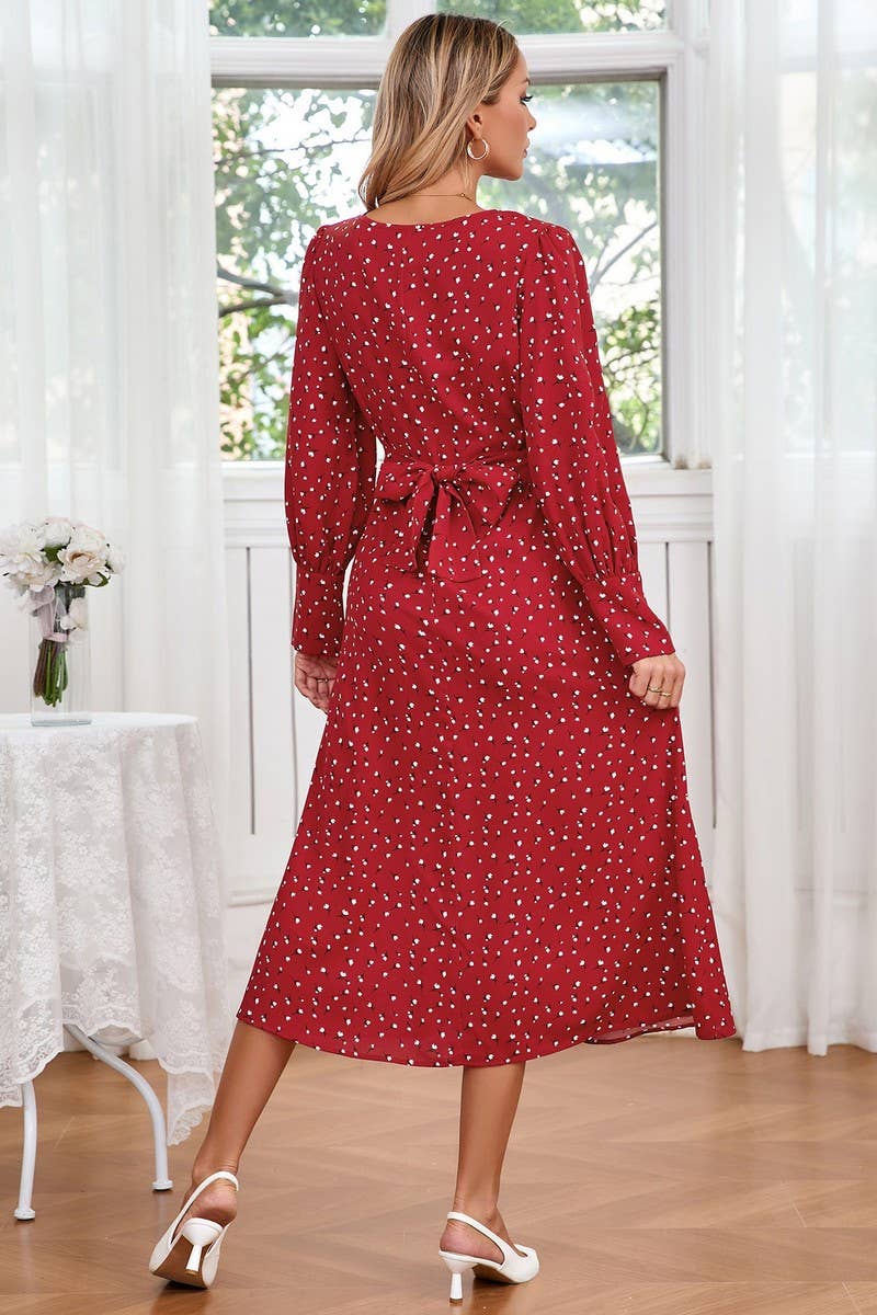 CWDMD3989_SMALL FLORAL ROUND NECK TIE LONG SLEEVE DRESS