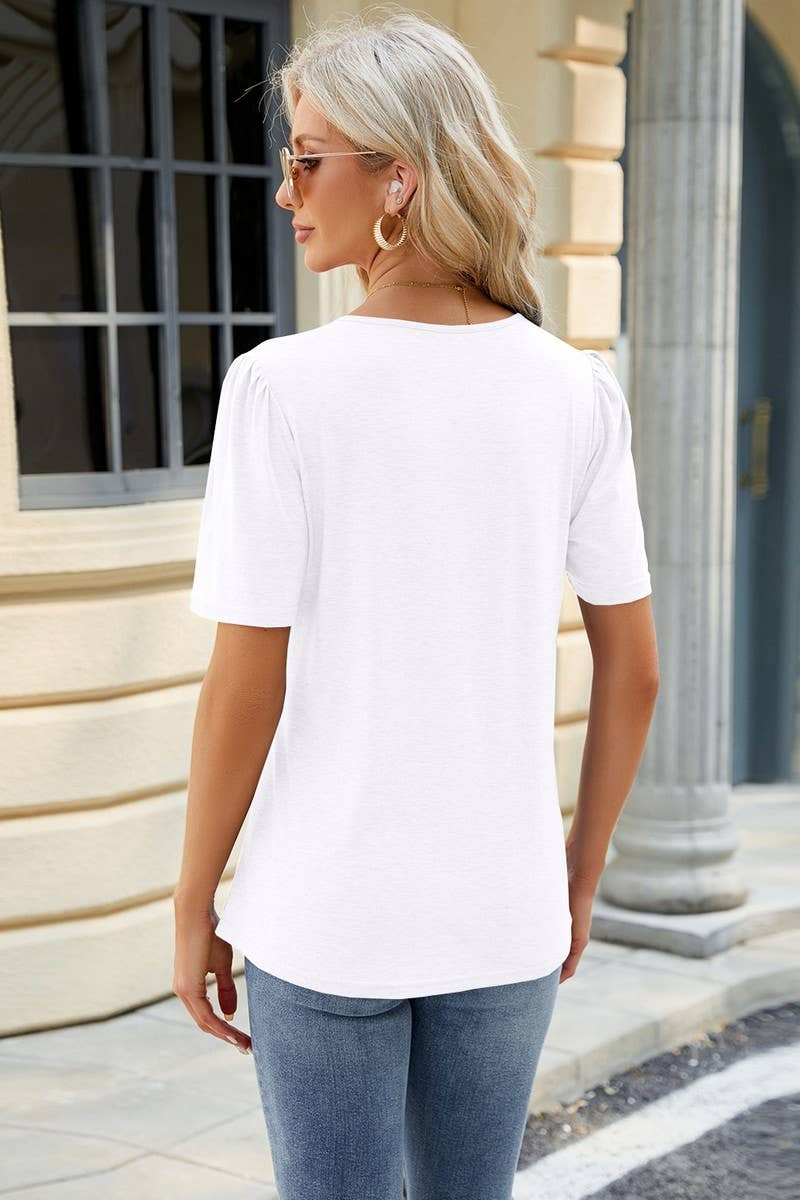 SOLID COLOR ROUND NECK SHORT SLEEVE PLEATED TOP_CWTSTS0343