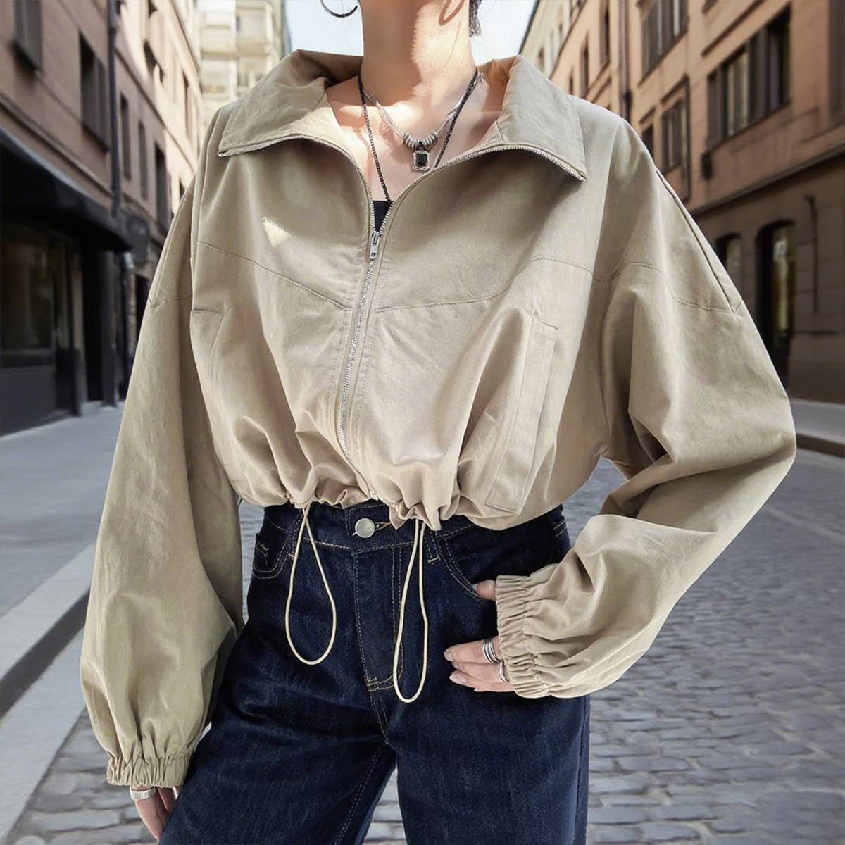 Stand-up collar zipper waist-cinching jacket