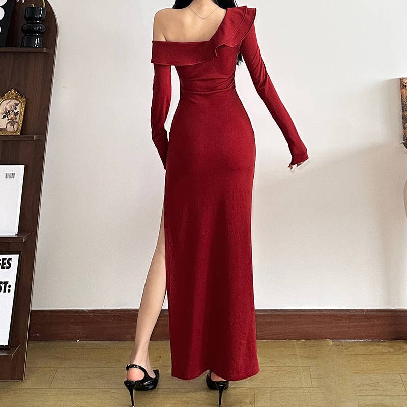 OFF-THE-SHOULDER SEXY HIGH-WAISTED SLIT SLIM DRESS