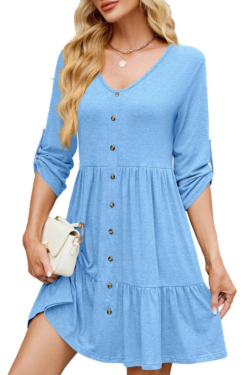 CWDSD7285_ROUND NECK BUTTON GATHERED ELBOW SLEEVE DRESS