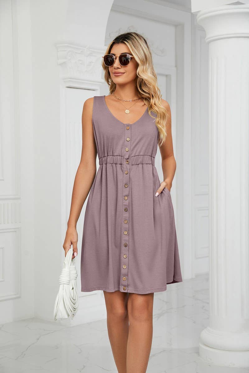 CWDSD3114_ROUND NECK SLEEVELESS BUTTON POCKET WAIST DRESS