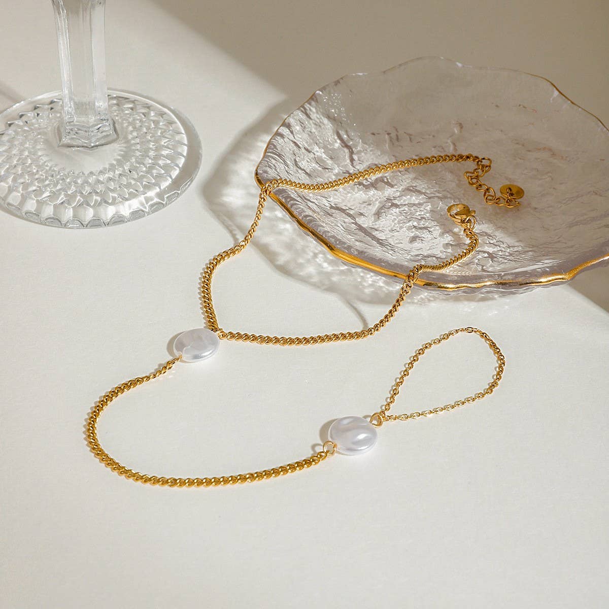 18K Gold Pearl Chain Anklet Ring, Stainless Steel_CWAJE4847