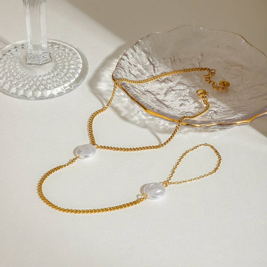 18K Gold Pearl Chain Anklet Ring, Stainless Steel_CWAJE4847