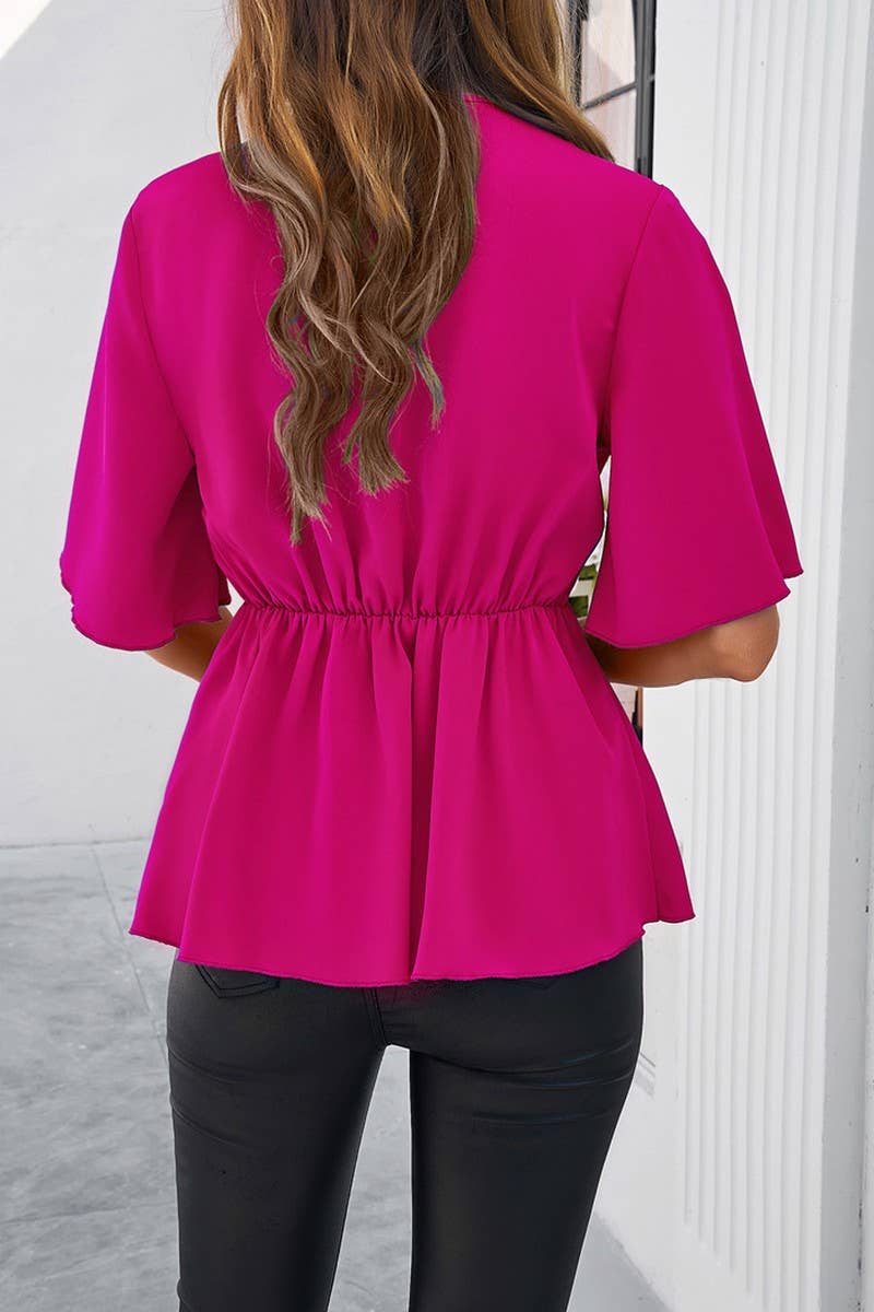 SOLID COLOR ELEGANT SHORT SLEEVED BELTED TOP_CWTSTS0323