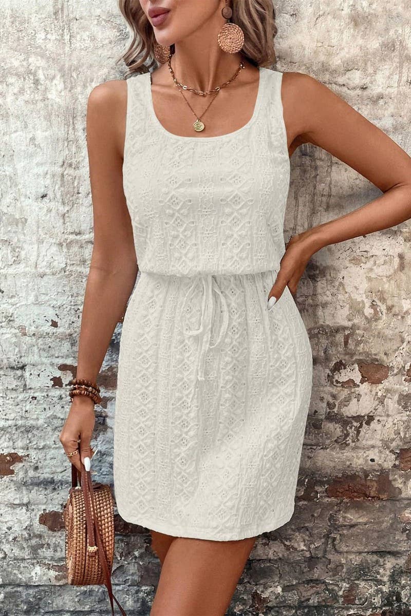 CWDMD4645_SQUARE NECK DRAWSTRING SLEEVELESS DRESS