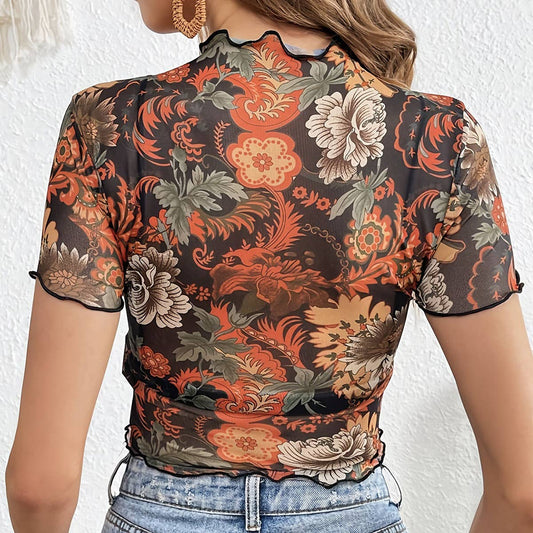 SEMI SHEER MESH  FLORAL PRINT SHORT SLEEVED TOP