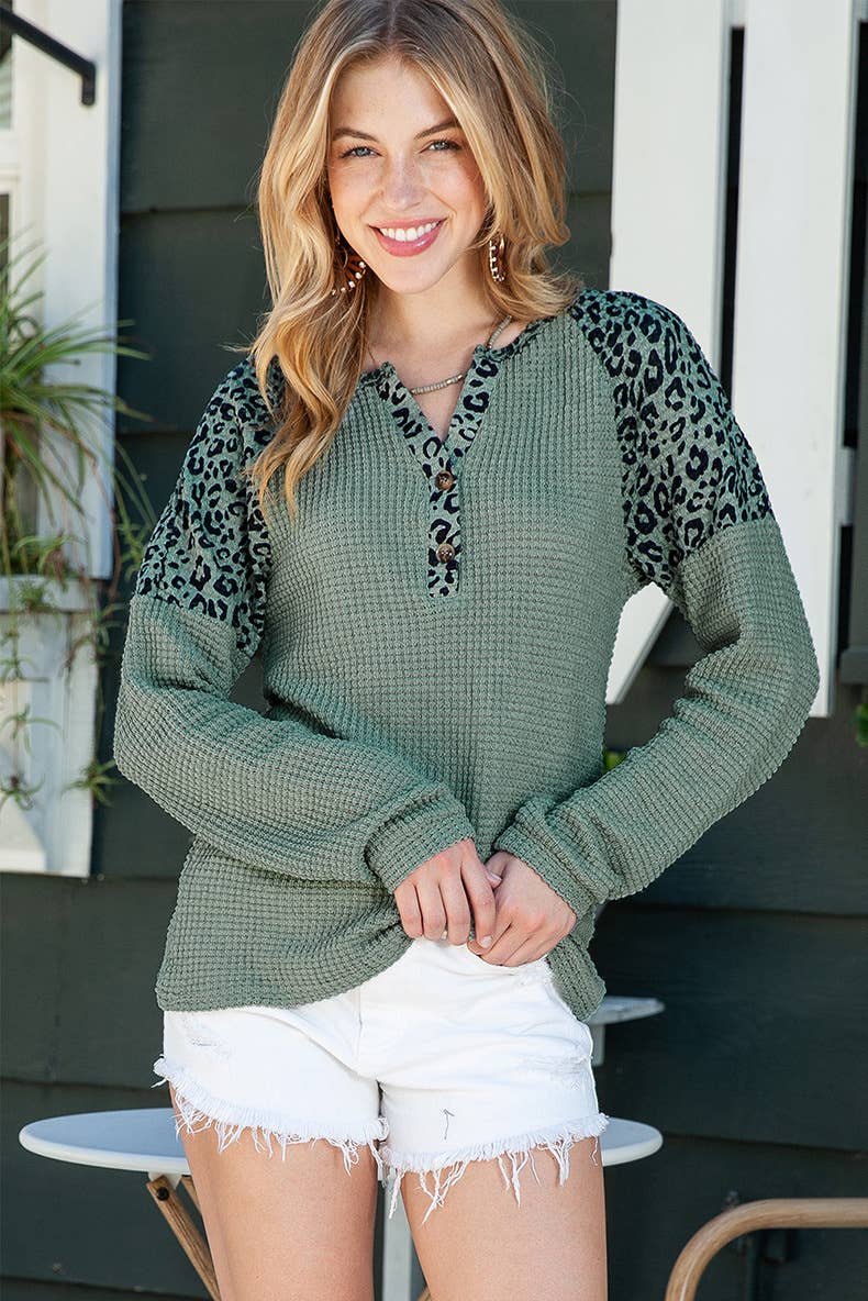 Leopard print color-blocking long-sleeved top